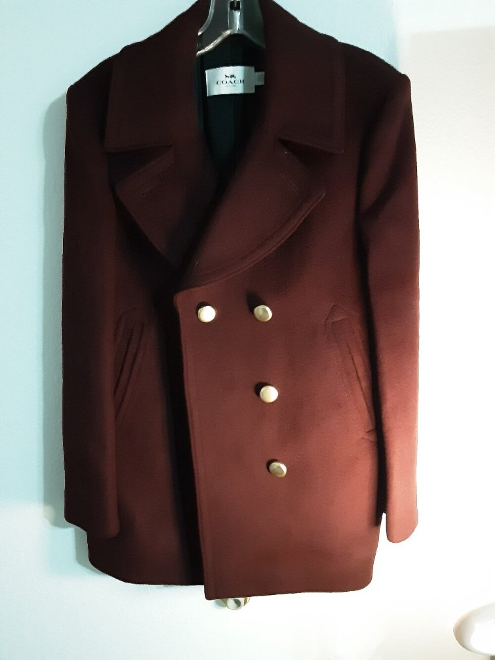 Coach Burgundy Wool Blend Double Breasted Coat L + Garment Bag